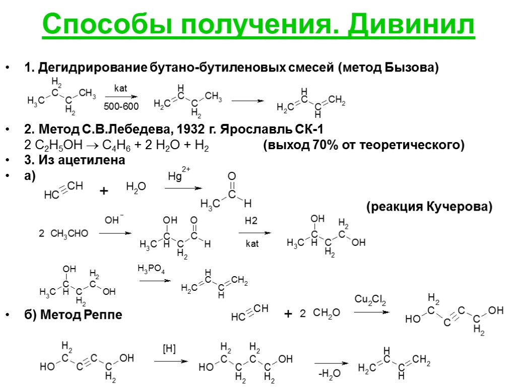 Способы получения. Дивинил 1. Дегидрирование бутано-бутиленовых смесей (метод Бызова) 2. Метод С.В.Лебедева, 1932 г.